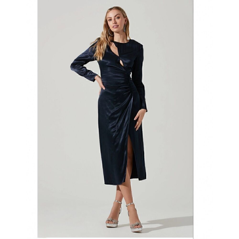 Astr the Label Mariposa Navy Satin Ruched Cut Out Long Sleeve Midi Dress